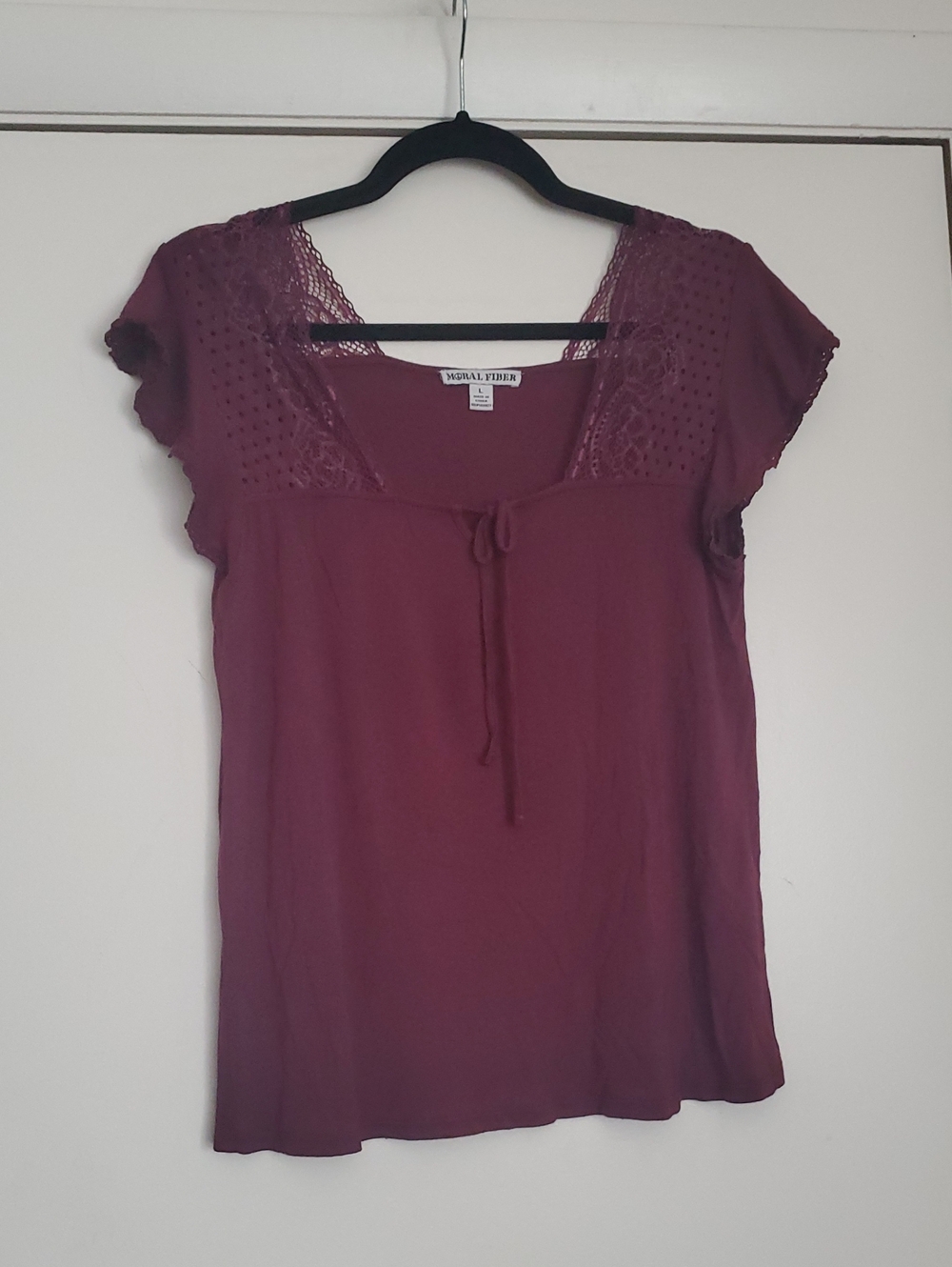 Moral Fiber Women's Wine Lace-Trim Short Sleeve Blouse